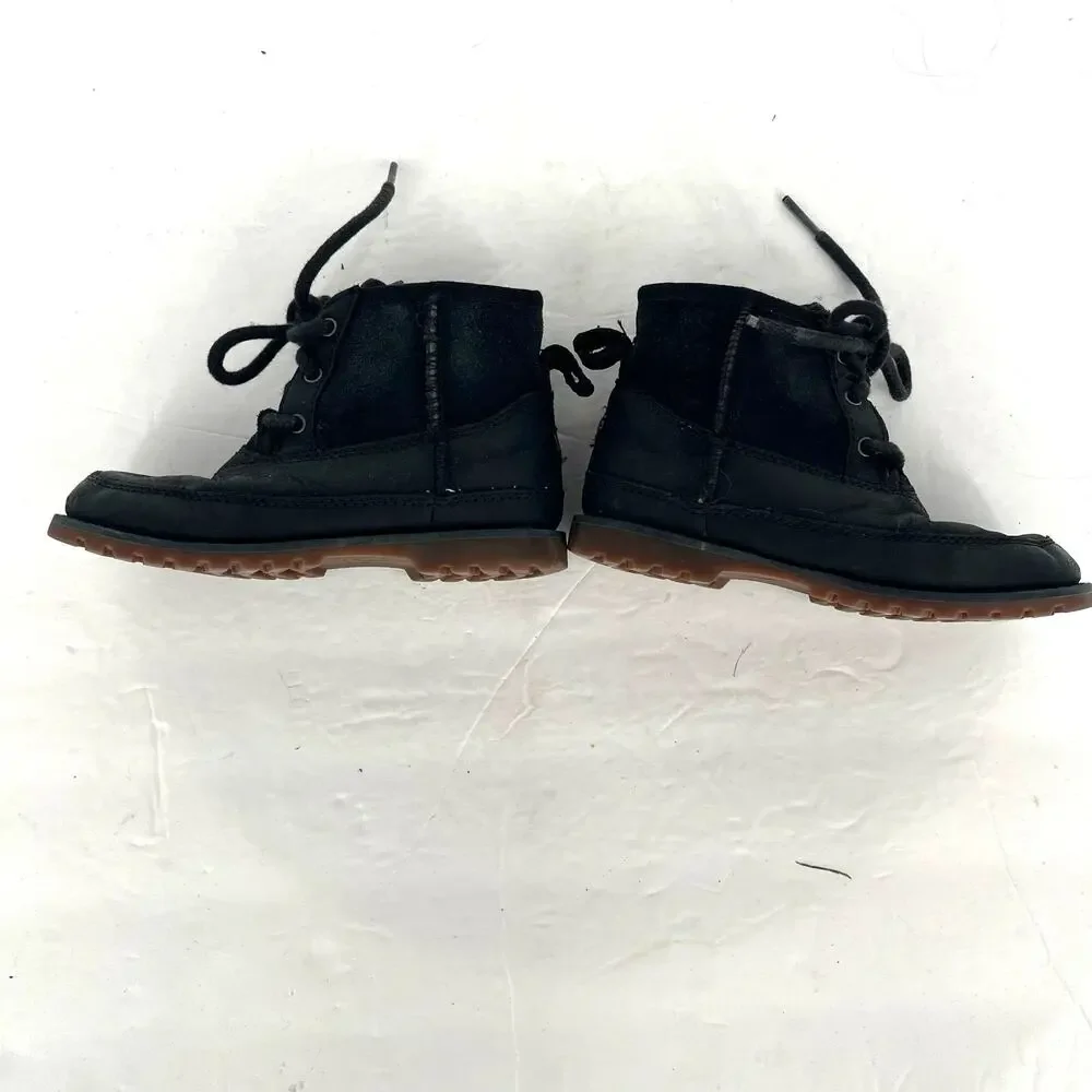 UGG Bradley Boys Black Leather Shearling Hiking Ankle Boots Size 10